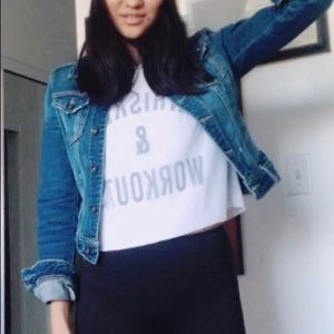 denim trucker jacket with white top